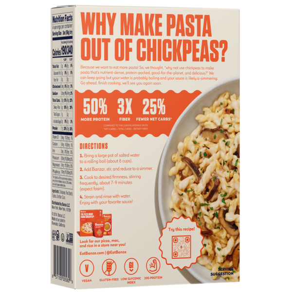 Banza Gemelli Pasta, Gluten Free, High Protein, Lower Carb Same