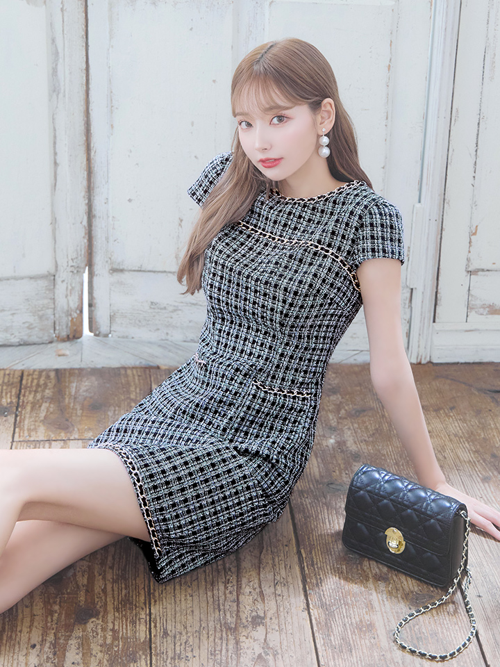 再入荷!チェーンチェックツイードワンピースドレス/ミニドレス【XS-XL