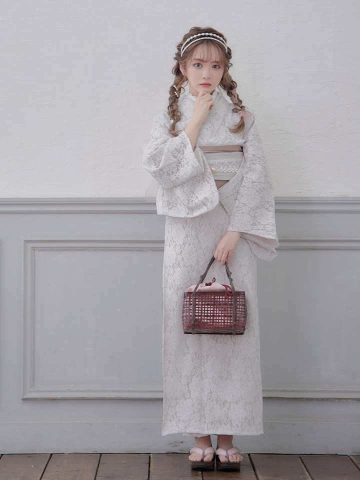 即日発送!【浴衣】白地×フラワーレース浴衣【浴衣3点セット浴衣/帯