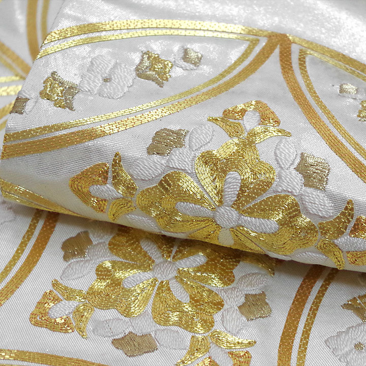 金駒刺繍 引箔袋帯【七宝 白灰】 [241021-kinho-39] - ￥115,000