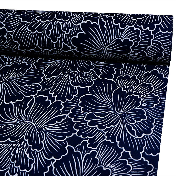 竺仙 長板中形 藍染め浴衣反【牡丹花】 [250330-chikusen-6