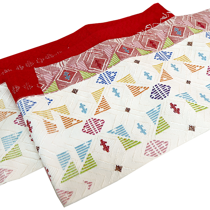 帯屋捨松 西陣織八寸帯【幾何学模様 白×赤】 [220310-sutematu-4