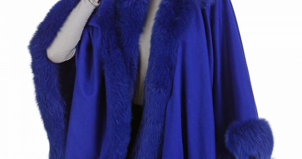 Royal Blue Cashmere Cape – Fox Trim- Detachable Hood – Madison