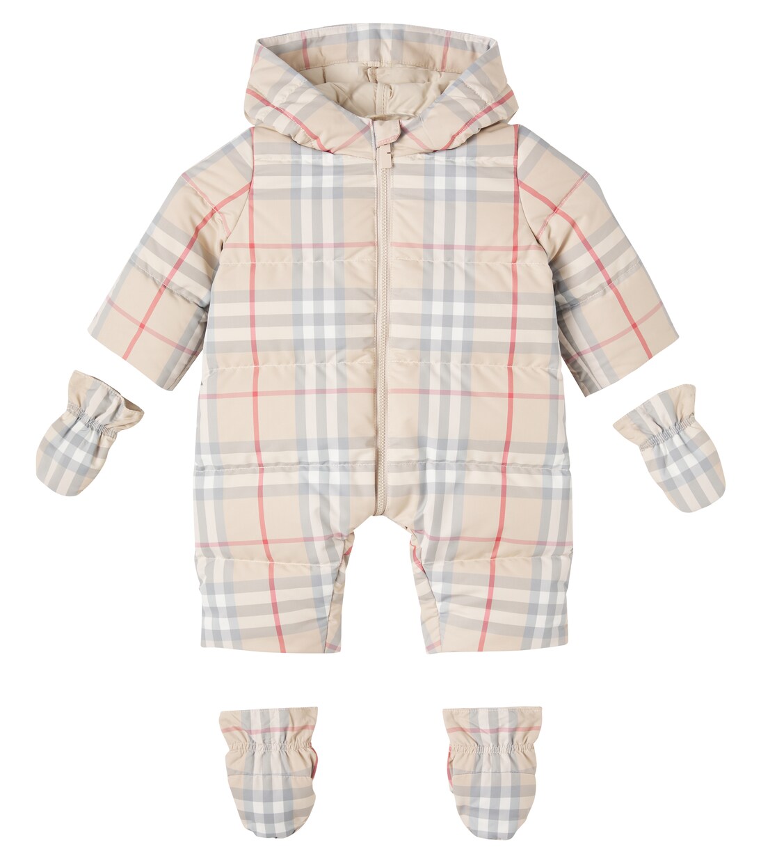 Baby Burberry Check down snowsuit in beige - Burberry Kids | Mytheresa