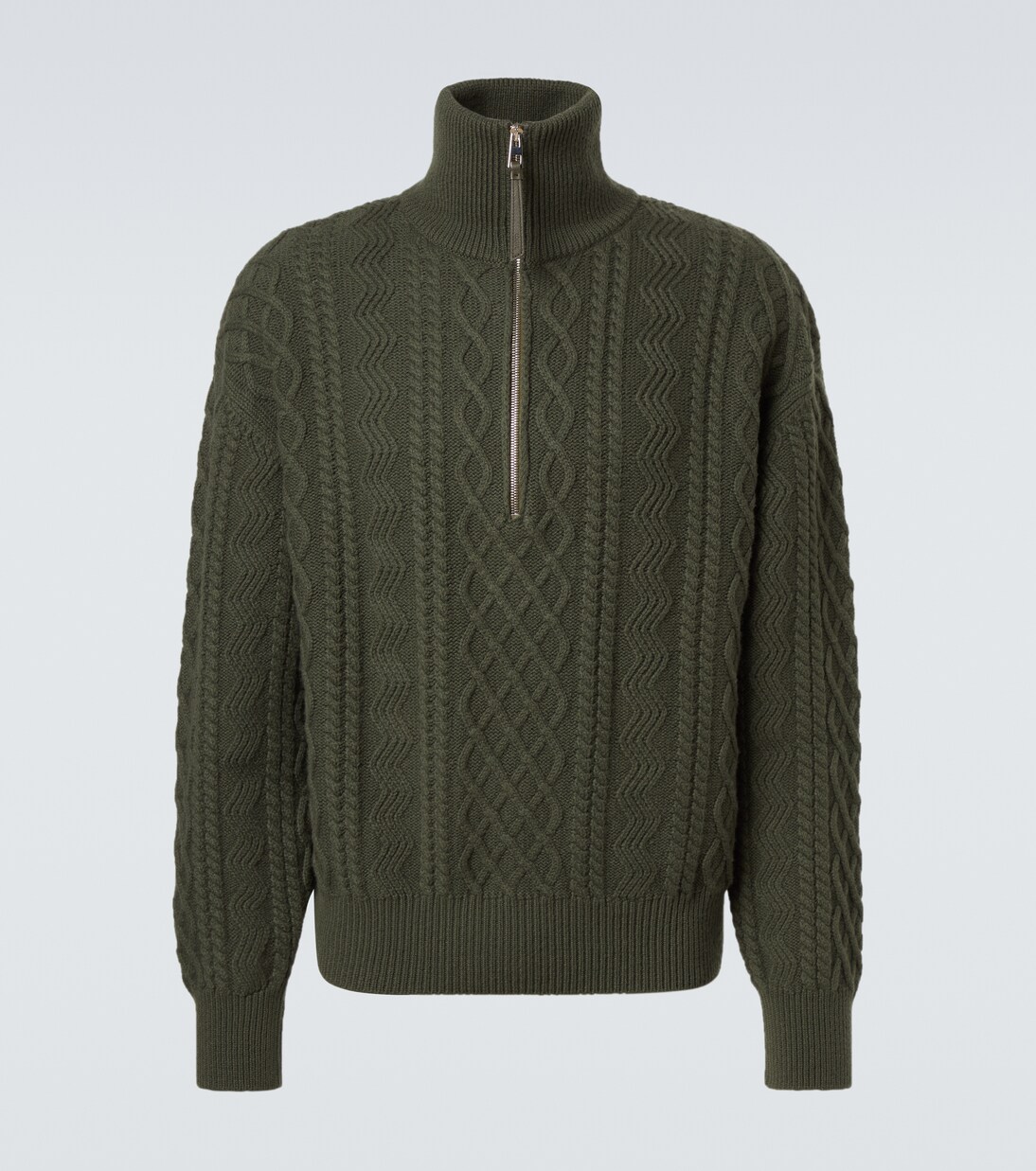 Aran-knit wool half-zip turtleneck sweater in green - Loewe