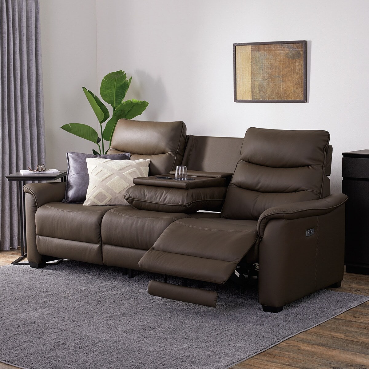 3人掛け電動リクライニングソファ テーブル付き 本革(一部合成皮革