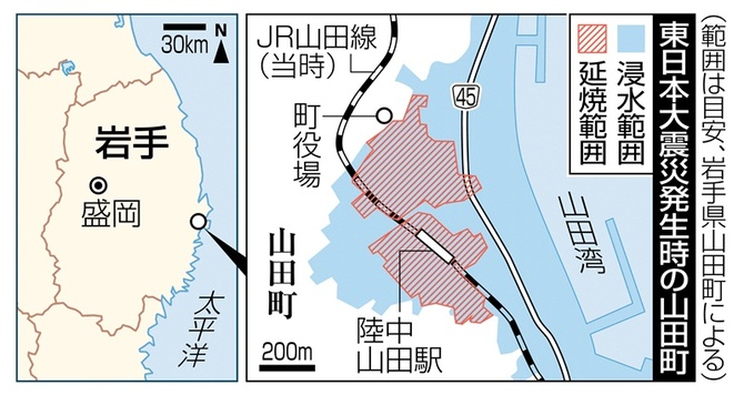 津波火災」広げた路上がれき 市街地覆い、延焼経路に 岩手・山田町の3D