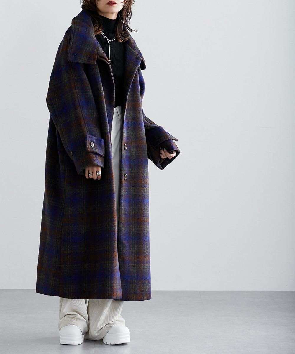 チェック柄スタンドカラーゆったりサイズコート ［Soiunique］ 通販
