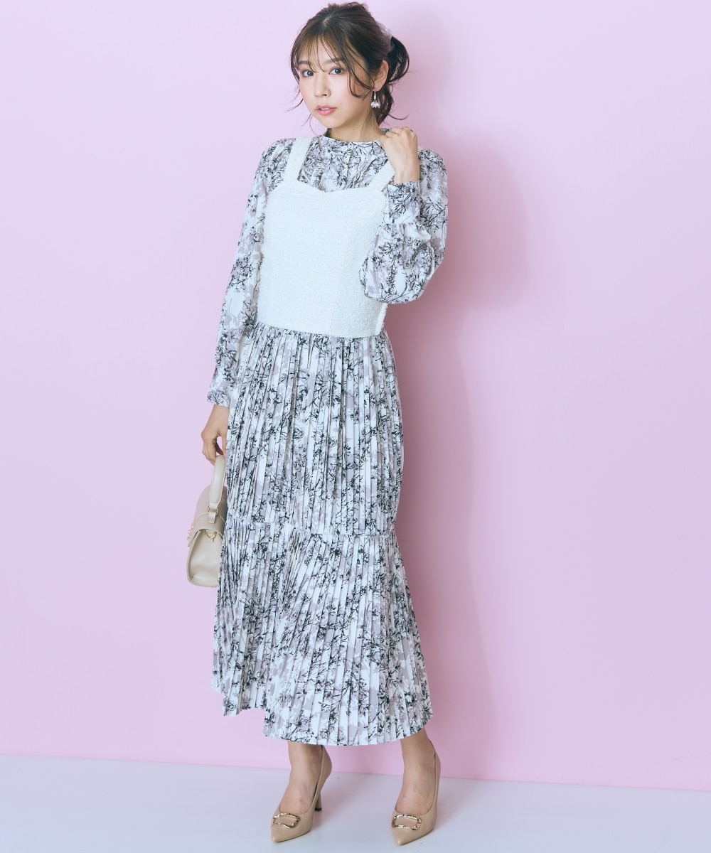 大きいサイズ＞フラワープリントプリーツデザイン長袖ワンピース marun