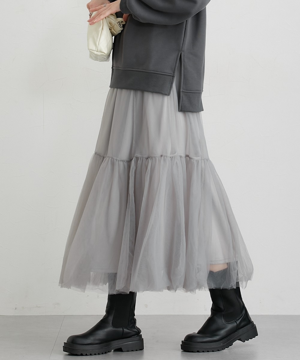 洗える】ボリュームチュールギャザースカート 体型カバー ゆったり