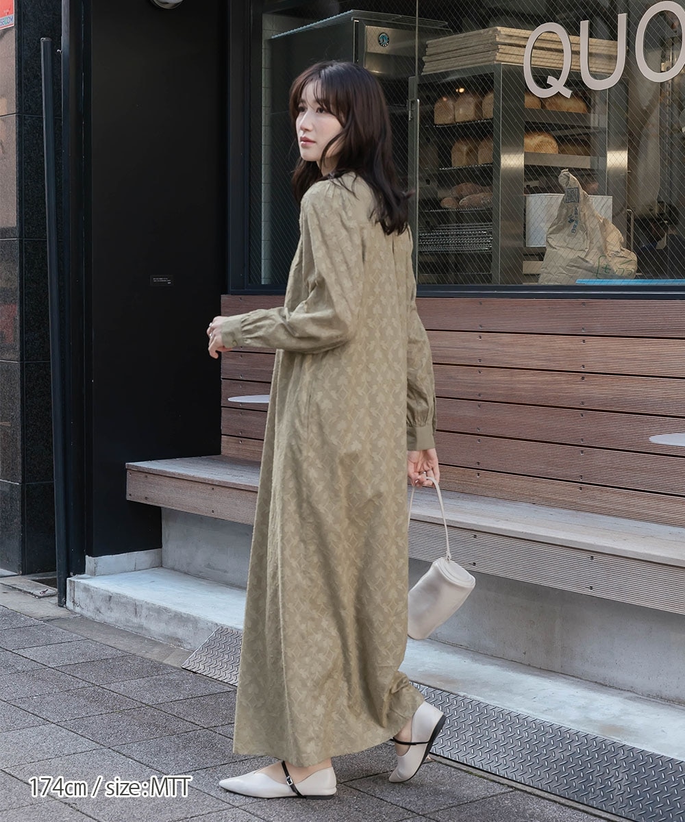 高身長 インド綿ジャガード切替スタンドカラーマキシ丈ワンピース