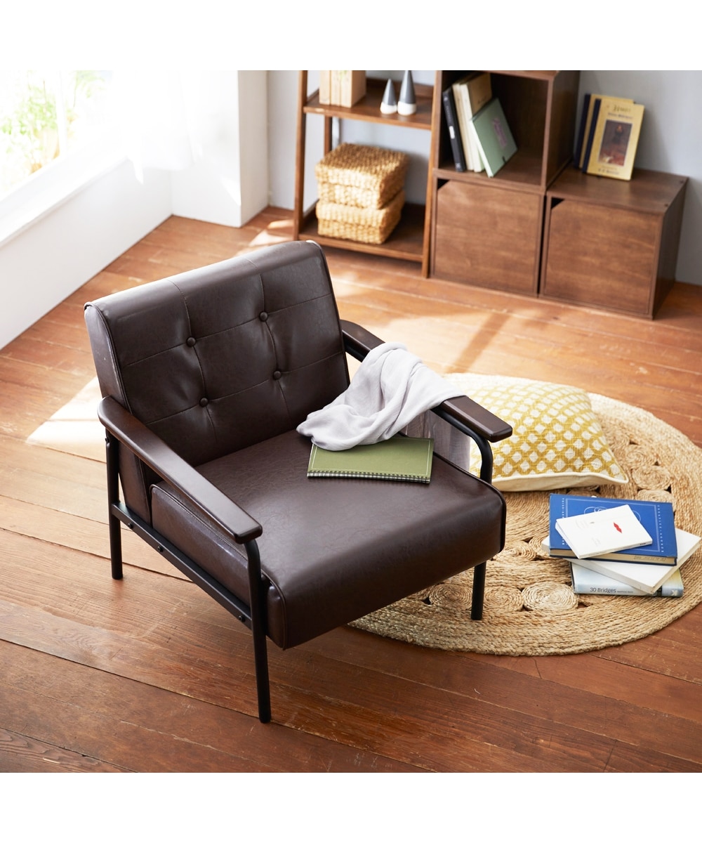 1人掛け]ソファ｜木肘 スチール 合皮 レトロヴィンテージ風 通販