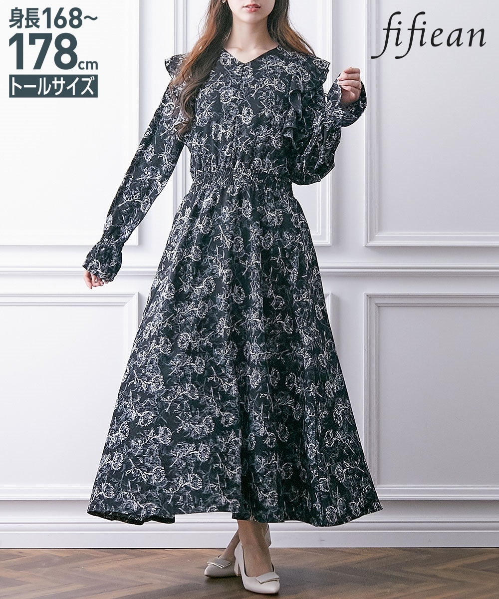 高身長 ショルダーフリルプリントマキシワンピース（トールサイズ