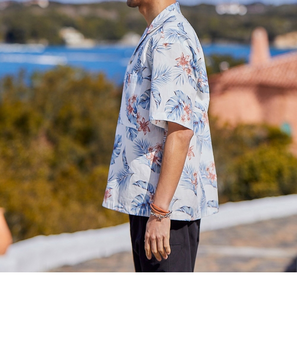 オーバーサイズ綿100％オープンカラー5分袖アロハシャツ