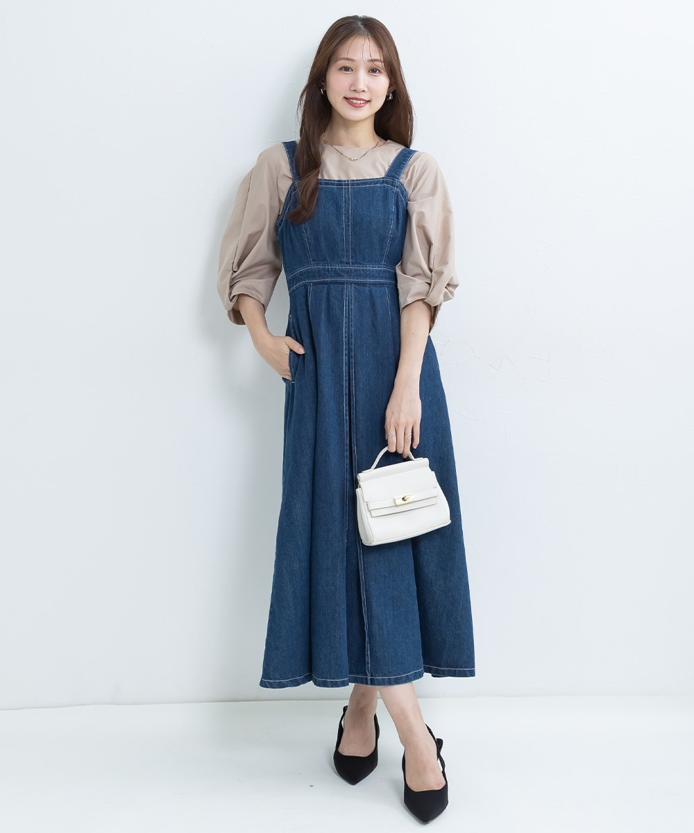小さいサイズ 綿100％配色ステッチデニムワンピース 低身長さん・小柄