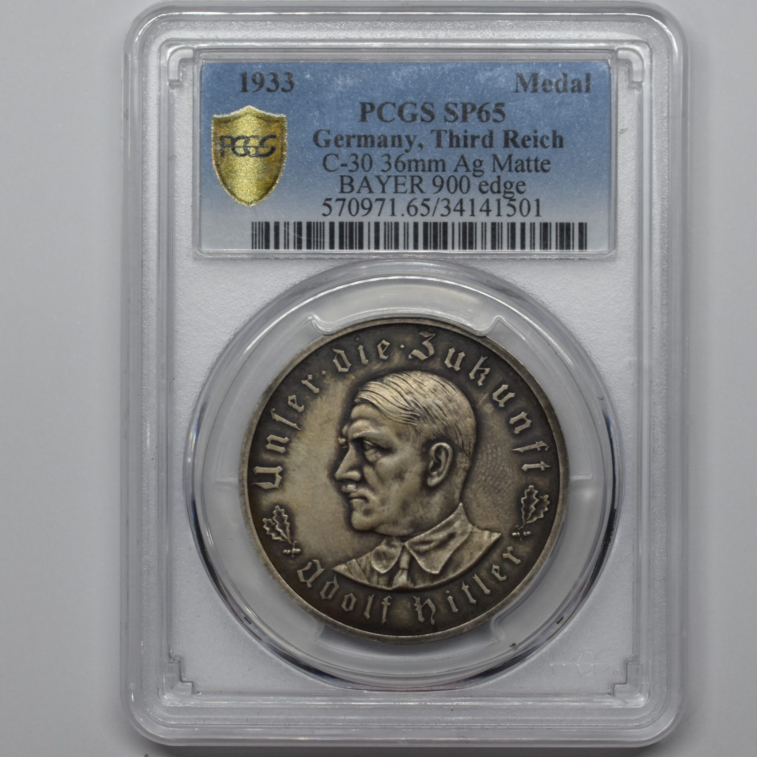 Sold】1933年 ナチス・ドイツ アドルフ・ヒトラー マット銀メダル SP65