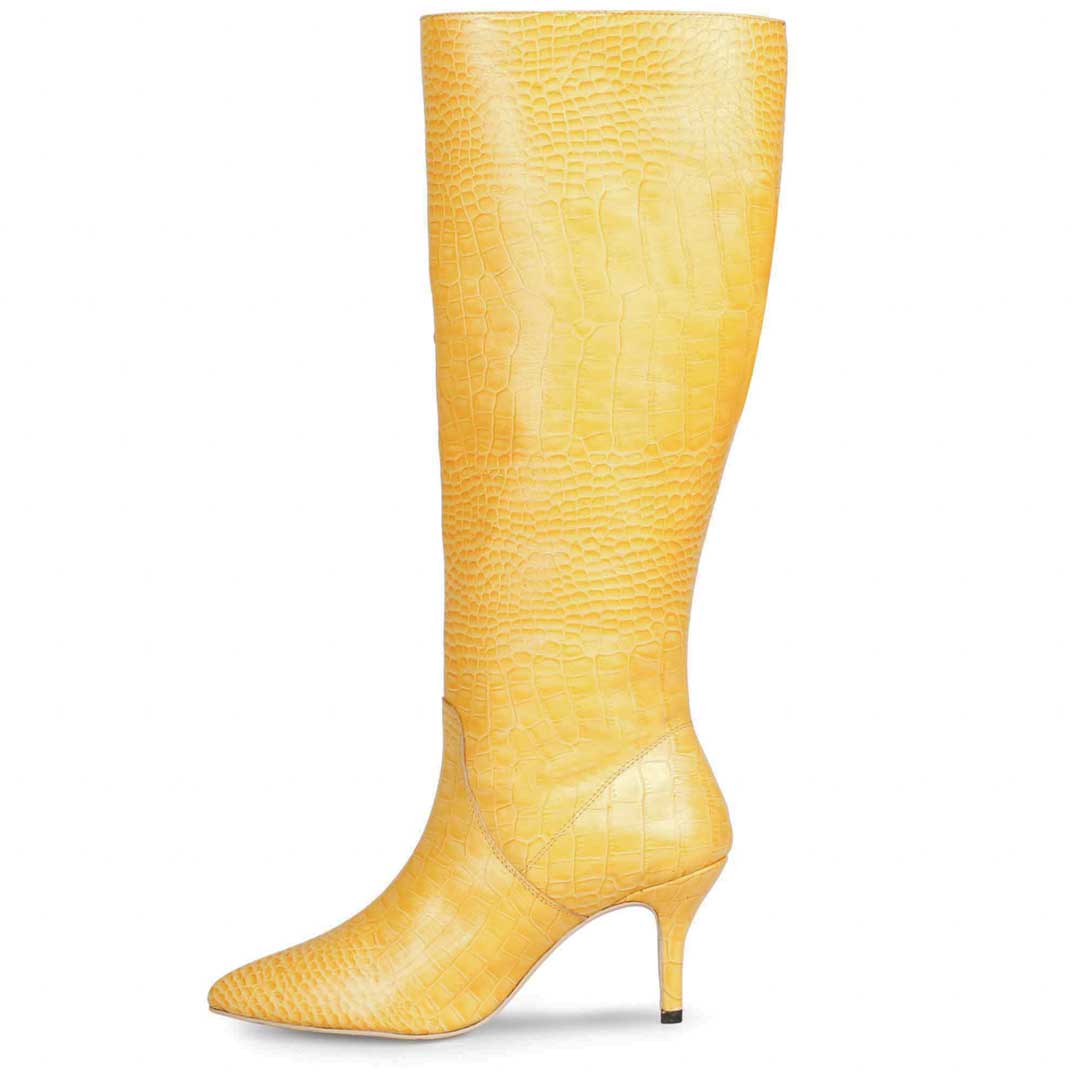 Saint Adella Croco Embossed Yellow Leather Long Boots – SaintG India