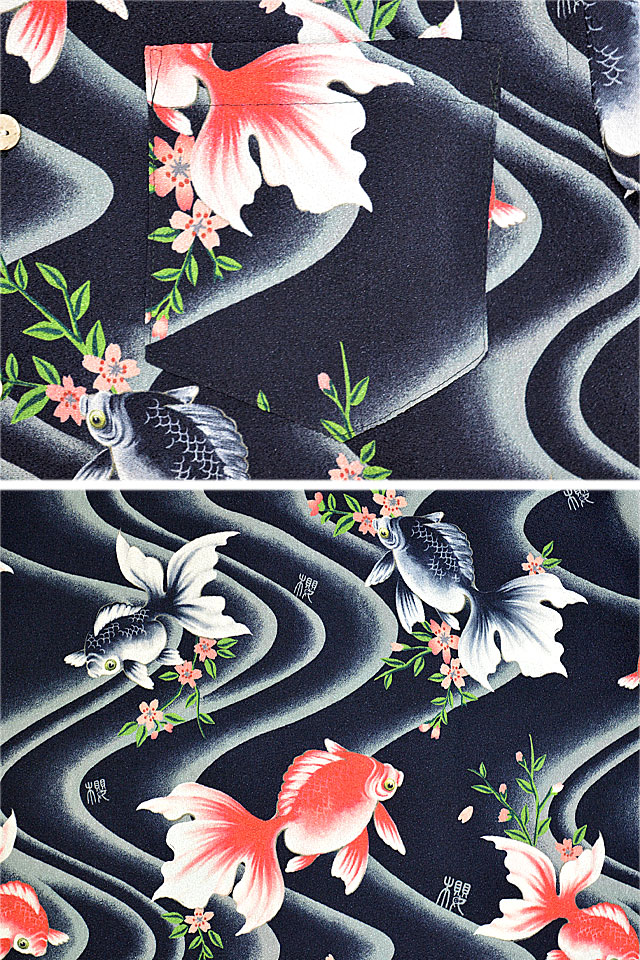 サクラスタイル別注 縮緬金魚柄アロハシャツ CHIGIRI 和柄 和風 ちぎり