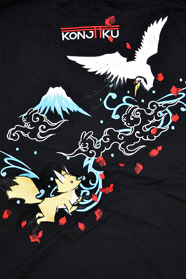 鶴狐ちゃん刺繍BIG Tee 今昔 KJ-23003 和柄 和風 きつね キツネ