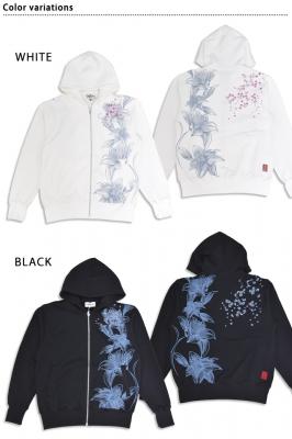 桜吹雪スウェットジップパーカー 絡繰魂 261042 和柄 和風 刺繍 サクラ