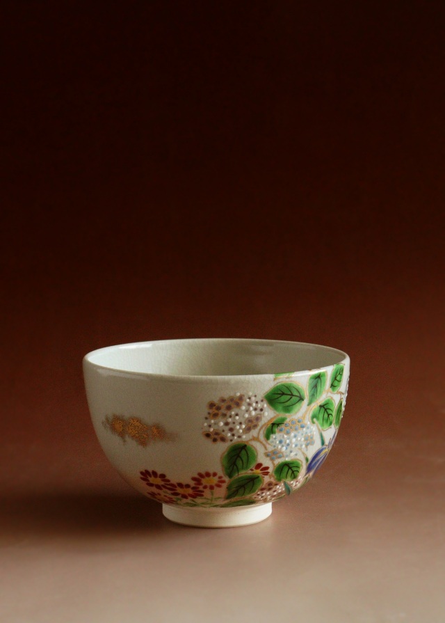 仁清写菖蒲紫陽花絵茶碗 中村陶彩作茶碗 京焼 茶道具 抹茶碗