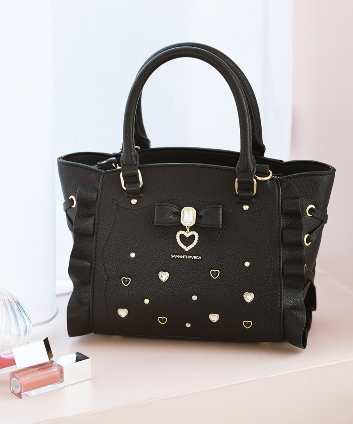 サイドレースアップリボンビジューミニフラッター(FREE ブラック