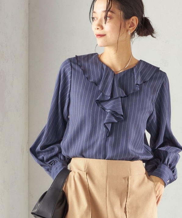 手洗い可能〉フィブリル ストライプ フリル カラー ブラウス｜ SHIPS