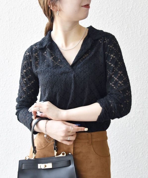 SHIPS any:〈手洗い可能〉起毛 レース 開襟 スキッパー プルオーバー