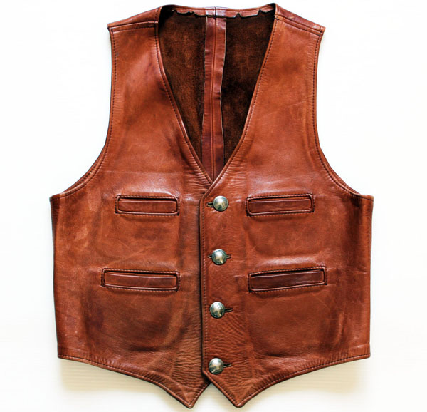 ビンテージ ハンドクラフト コンチョボタン レザーベスト 茶