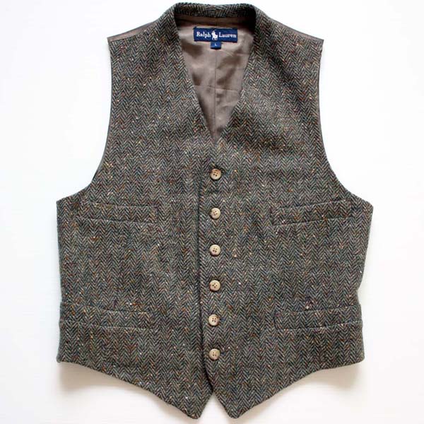 80s ラルフローレン シンチバック ヘリンボーン ツイード ウールベスト