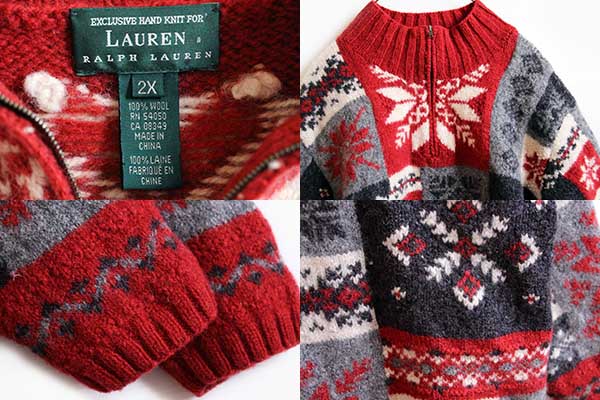 00s LAUREN ラルフローレン 雪柄 パッチワーク ハイネック ウール