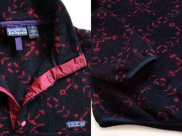 90s USA製 patagoniaパタゴニア スノー 総柄 フリース スナップT 黒 M