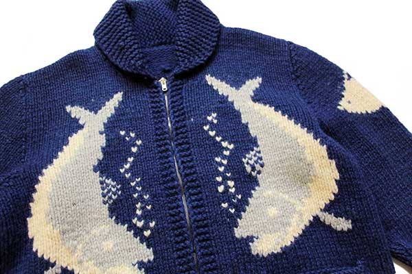 60s UNKNOWN 魚柄 ウール カウチンセーター 青紺 - Sixpacjoe Web Shop