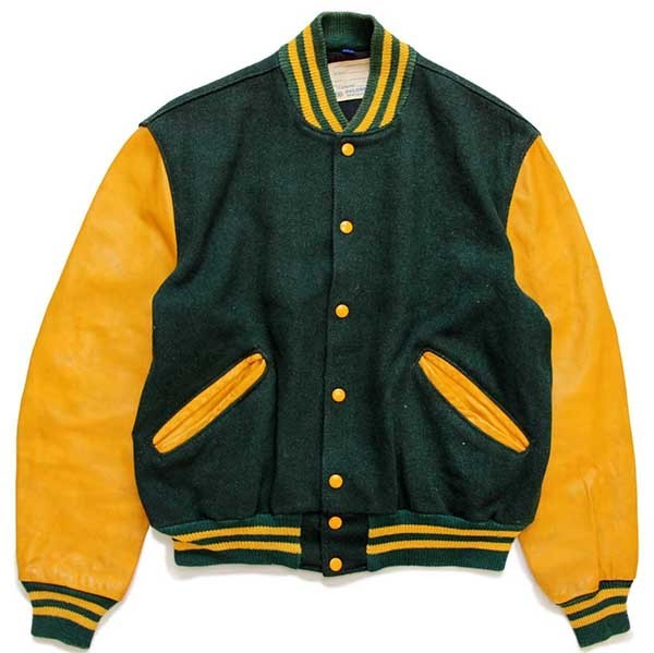 70s DeLONGデロング メルトン ウール 袖革スタジャン 緑×マスタード 44
