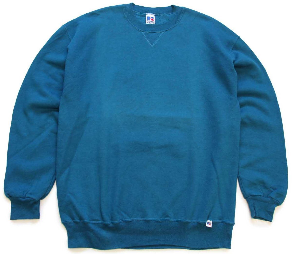 90s USA製 RUSSELLラッセル 無地 前V スウェット 青緑 XL☆ブランク