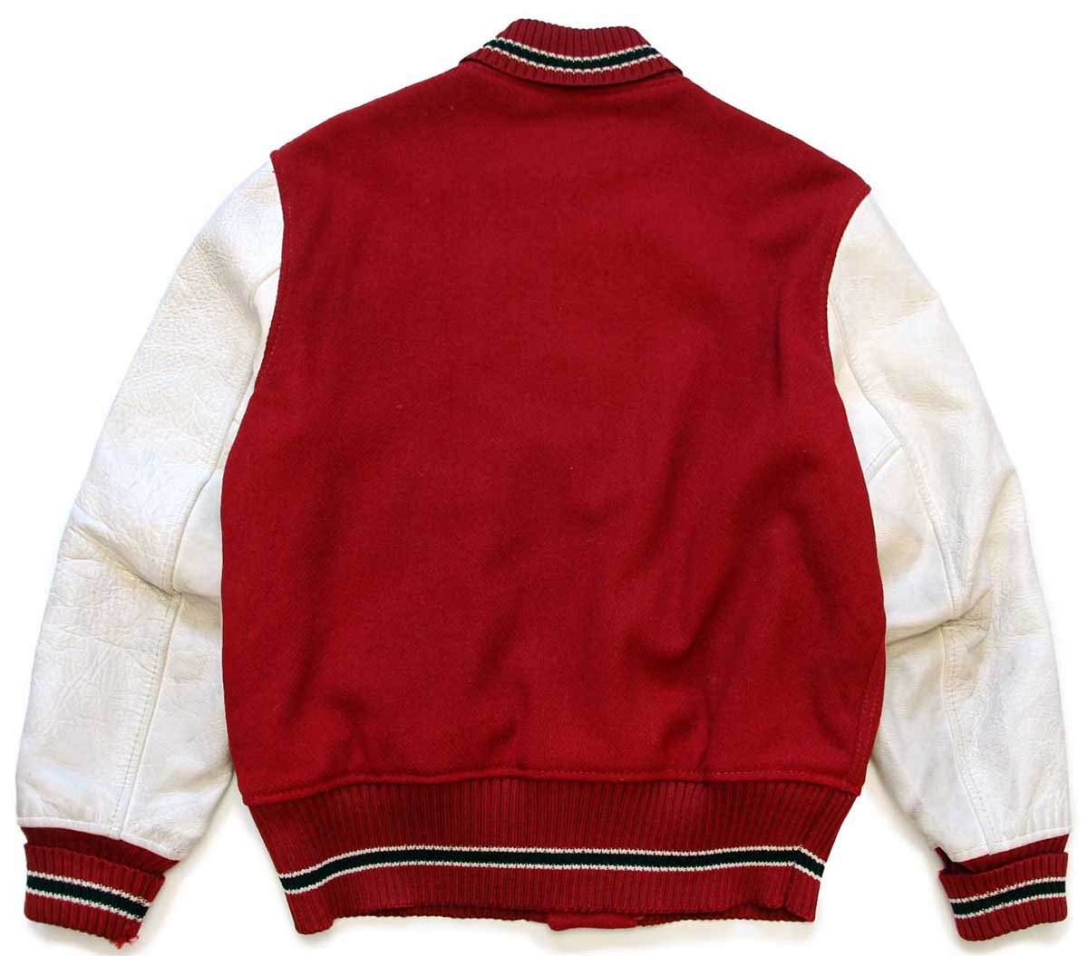 60s Whiting レタードパッチ付き メルトン ウール 袖革スタジャン 赤