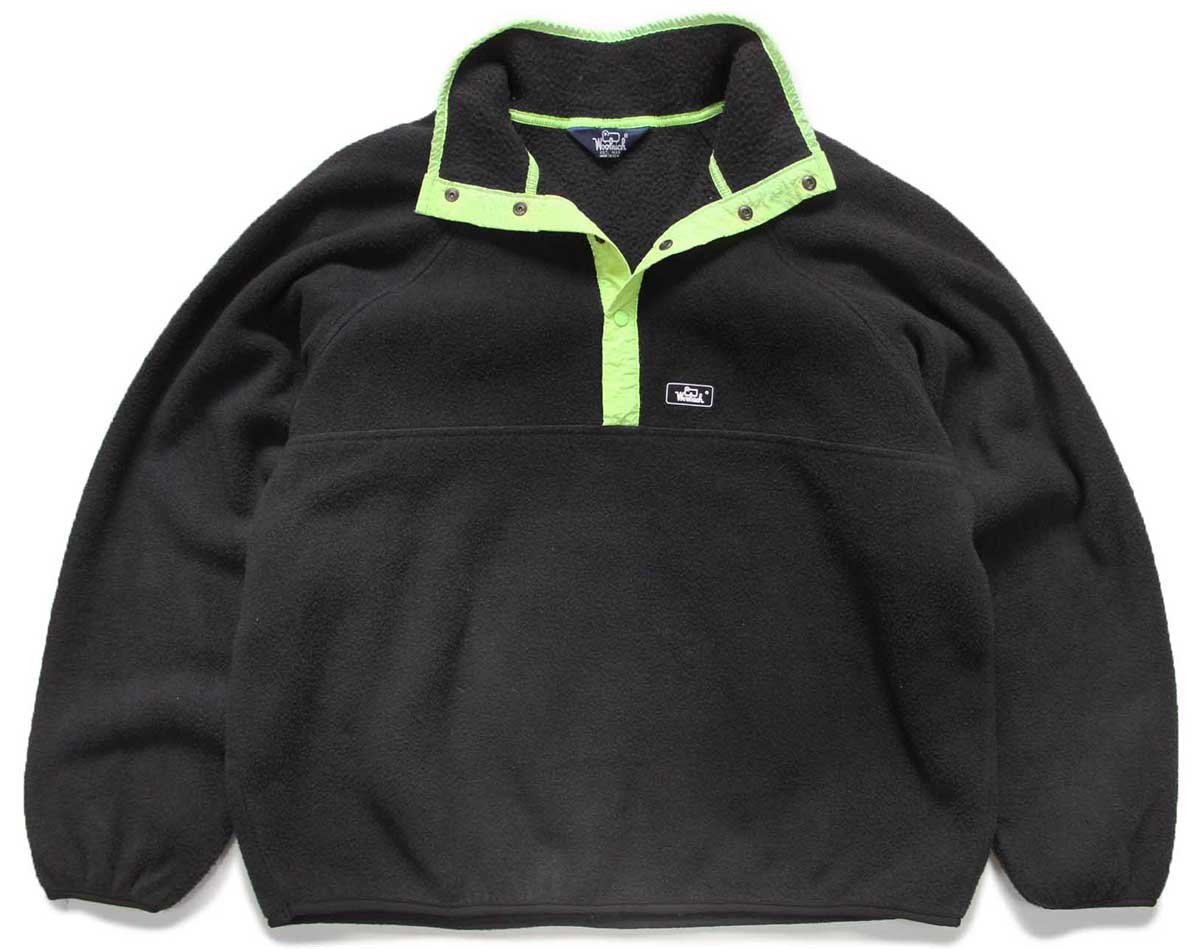80s USA製 Woolrichウールリッチ プルオーバー フリース 黒×蛍光黄緑
