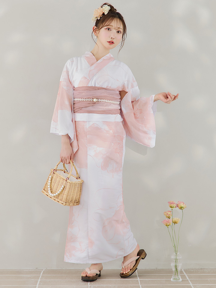 即日発送】ニュアンスピンクフラワー浴衣【浴衣3点セット 浴衣/帯