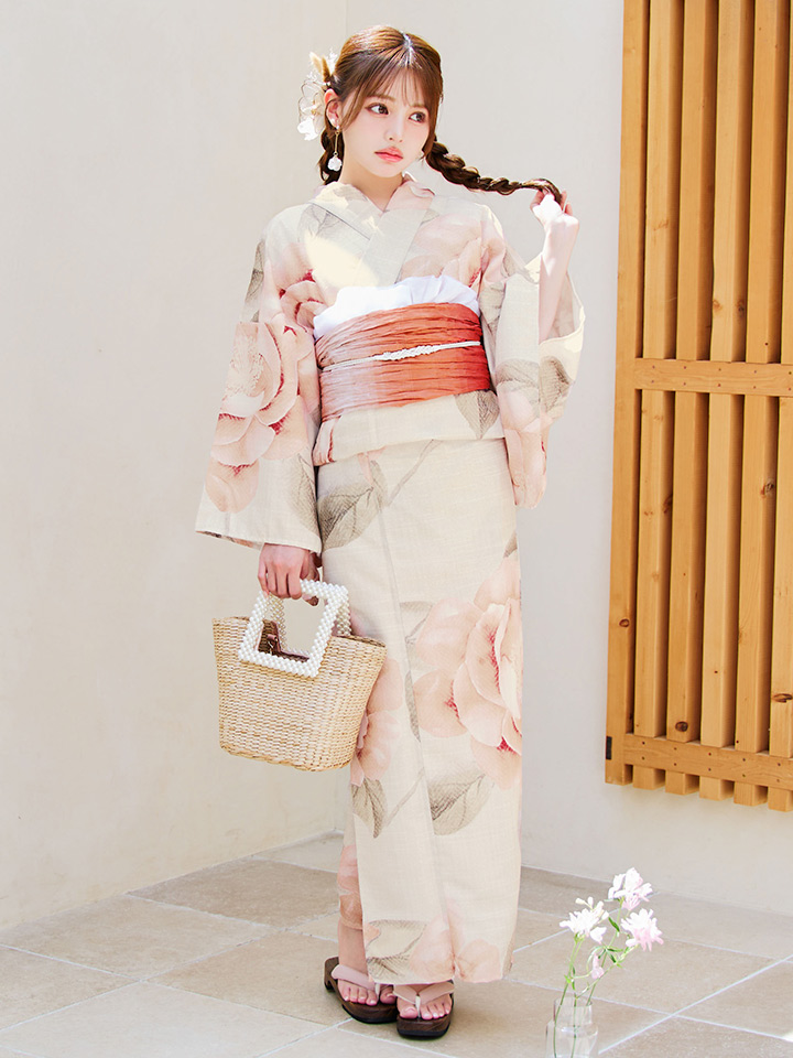 即日発送】ピンクベージュ牡丹浴衣【浴衣3点セット 浴衣/帯/下駄】[OF04]