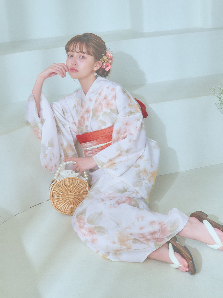 即日発送！】クリームイエロー×オレンジ紫陽花浴衣【浴衣3点セット