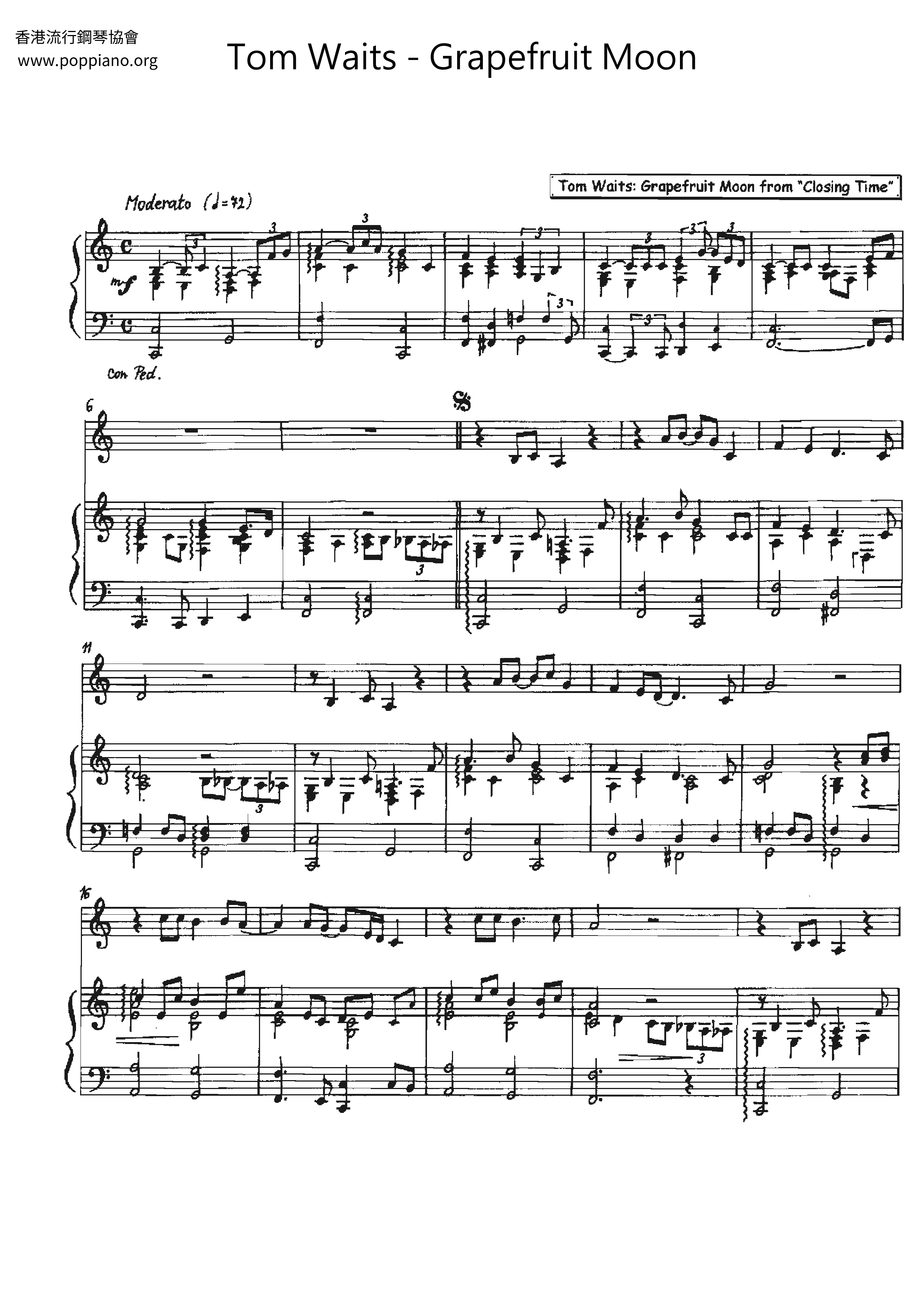 ☆トム・ウェイツ - Grapefruit Moon ピアノ譜pdf (トム・ウェイツ