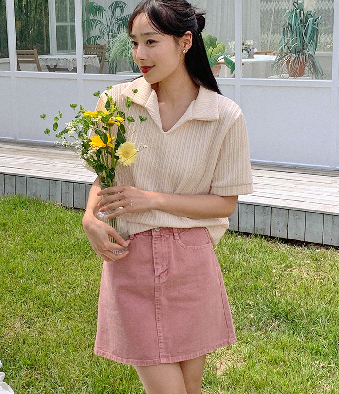 ケーブルリブオープンカラー半袖ニットTシャツ(1 アイボリー): PEACH