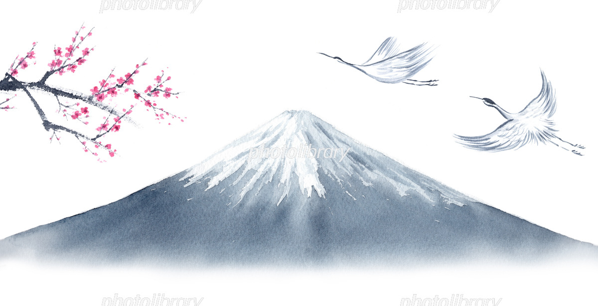 富士山と梅と鶴 水墨画 墨絵 イラスト素材 [6364239] - フォトライブラリー