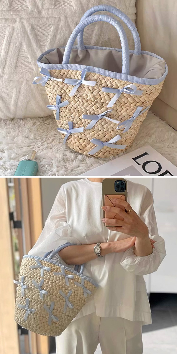 楽天市場】リボンカゴバック りぼん ラタン かごバック ストローバック