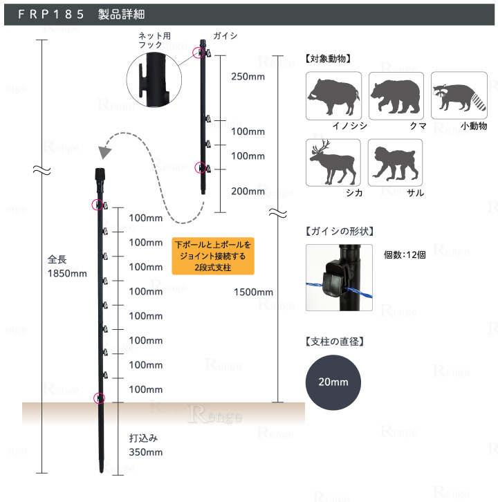 タイガー 電気さく ガイシ付FRP支柱 FRP185 20本セット TBS-PF20185