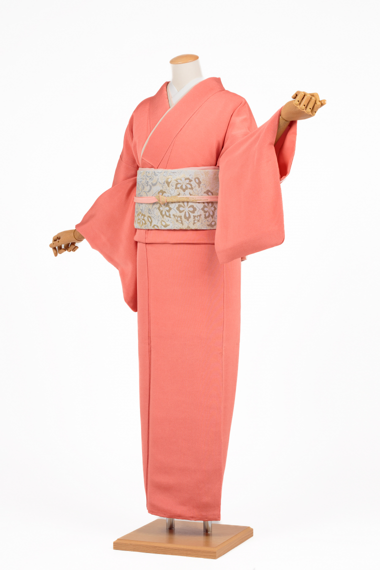 色無地レンタル 色無地Sサイズ 縫一つ紋：下り藤 珊瑚朱色｜着物