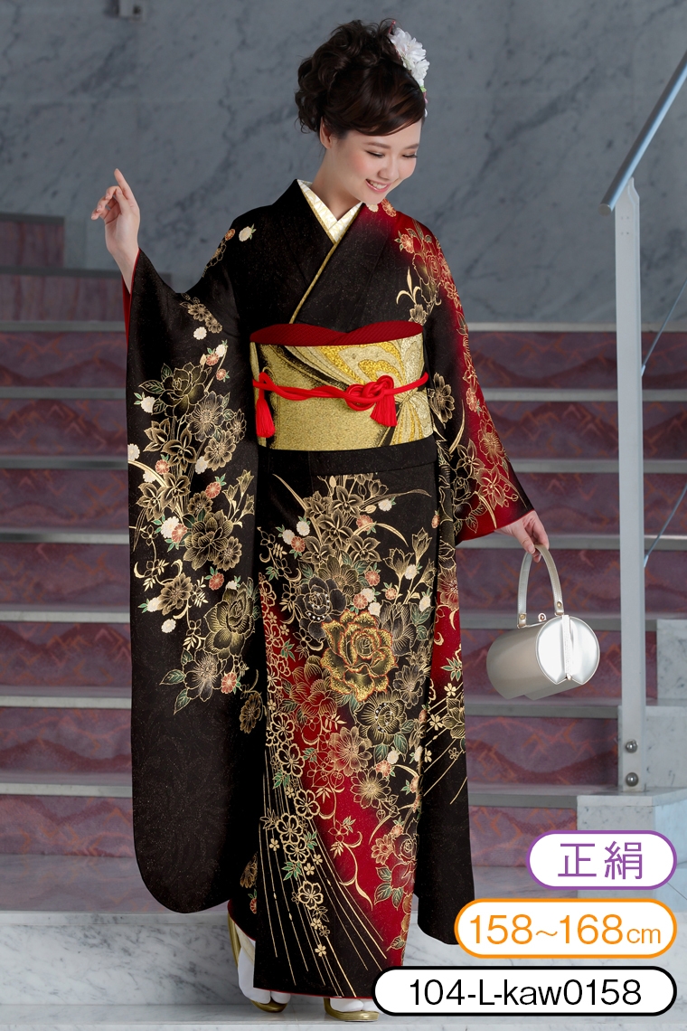 振袖レンタル 振袖Lサイズ 金薔薇 黒/赤｜着物レンタル 安心フルセット