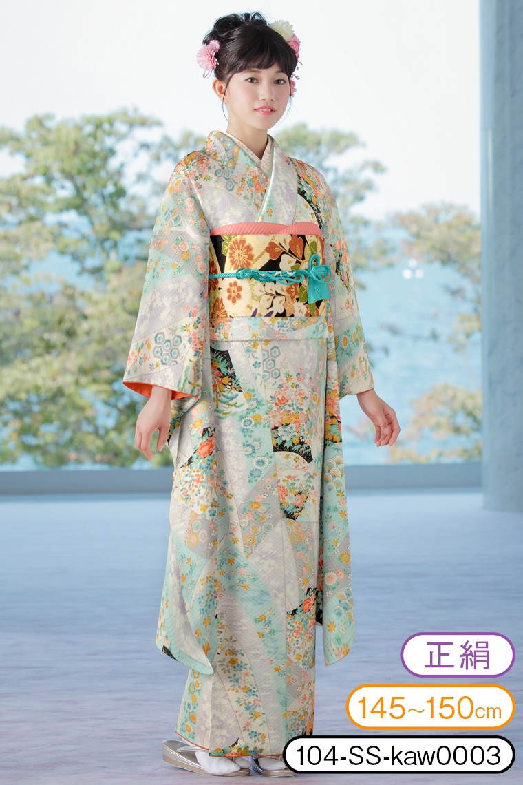 振袖レンタル 振袖SSサイズ 京友禅：束熨斗に扇面文様 白/水色｜着物