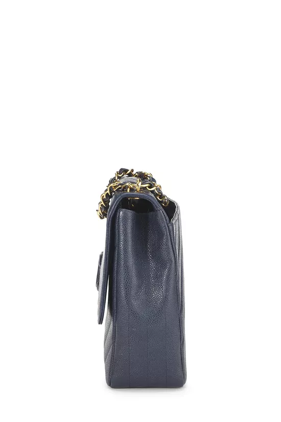 Pre-Owned Navy Caviar Diagonal Quilted Shoulder Bag Jumbo