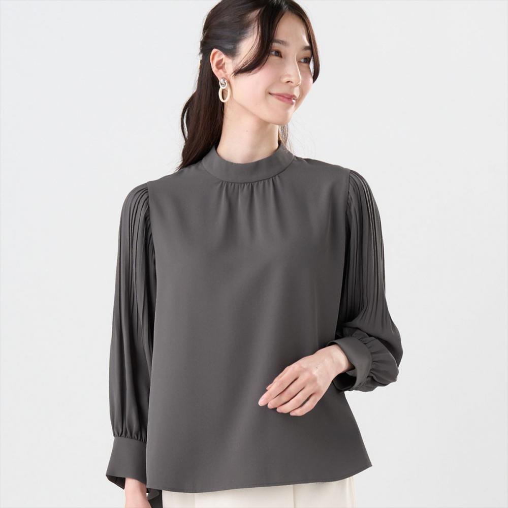 ストレッチジョーゼット 袖プリーツ ハイネック ブラウス 長袖